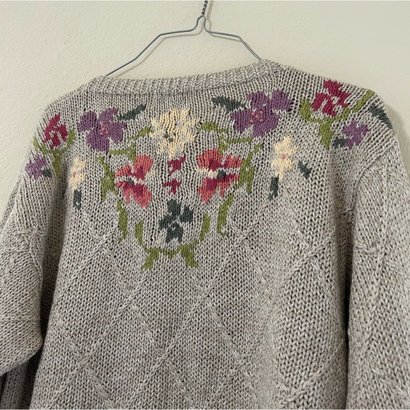 Vintage L.L. Bean Floral Knit Women's Sweater Tan/pink Button Up Cotton Ramie S - Picture 5 of 11